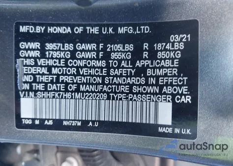 2021 Honda Civic Ex from USA, damaged, VIN SHHFK7H61MU220209